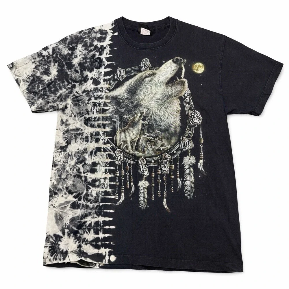 Jays Rock Shirt Large‎ Black Bleach Tie Dye Wolf Howling Moon Dream Catcher AOP